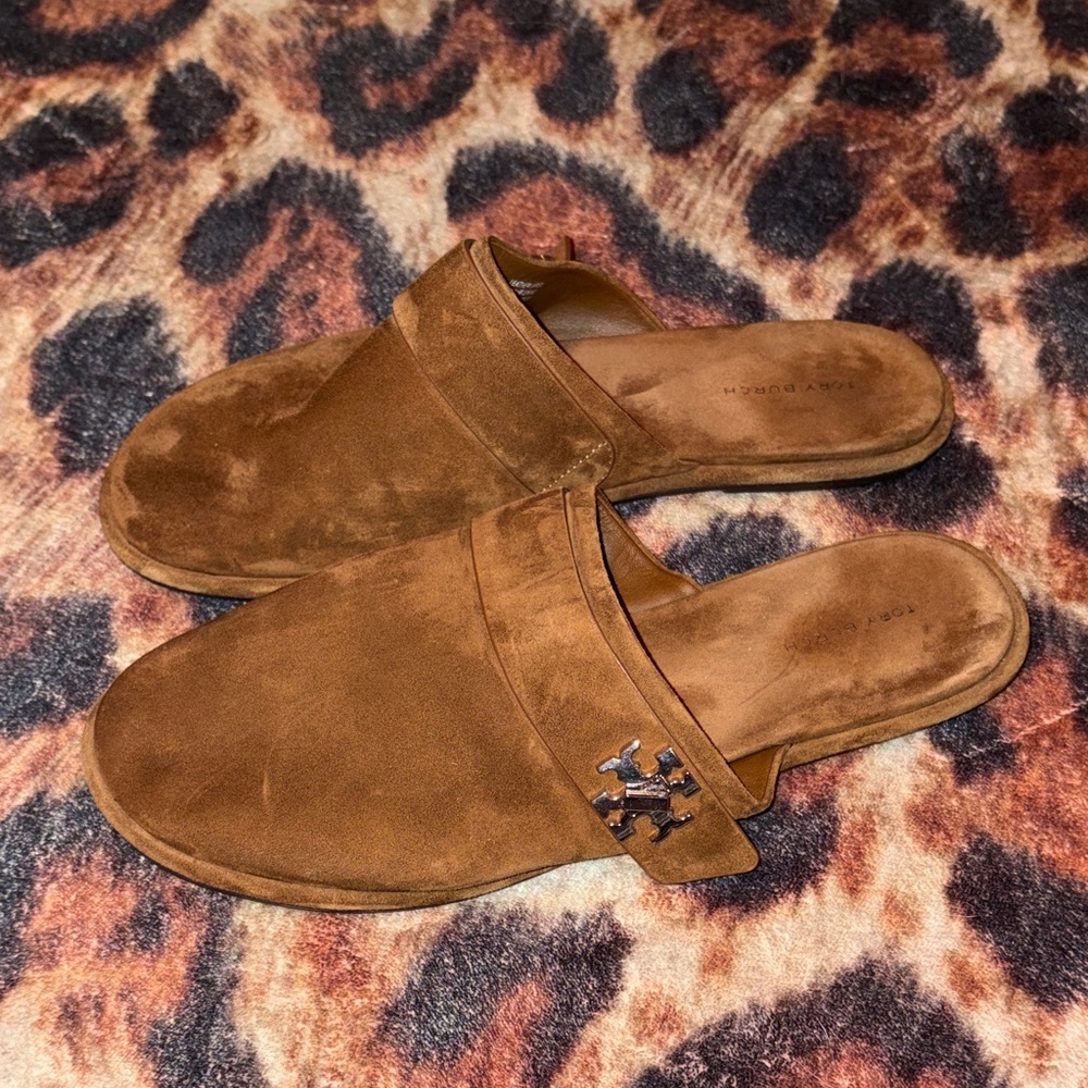 Tory Burch Chestnut Suede Slide Mules with Logo